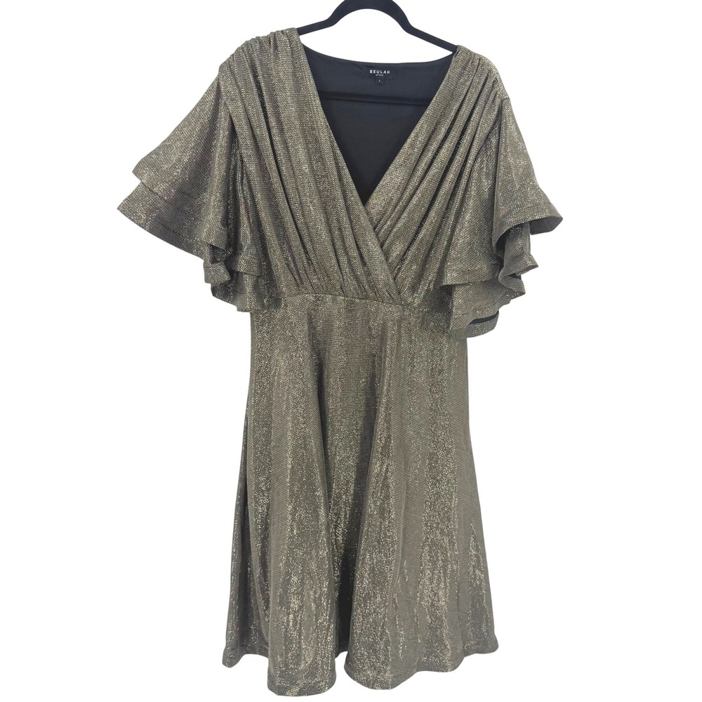 Beulah Style Gold Metallic Flutter Sleeve V-Neck Cocktail Dress TS3840 Large